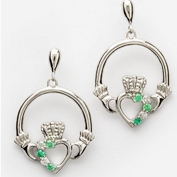Claddagh Earrings with Green Crystals and Cubic Zirconia