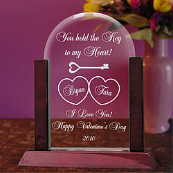 Personalized Key To My Heart Glass Arch Keepsake with Wooden Base