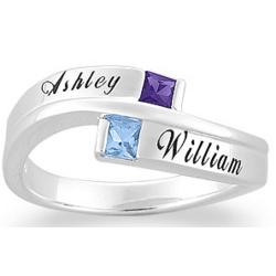 Sterling Silver Couple's Square Birthstone and Name Ring