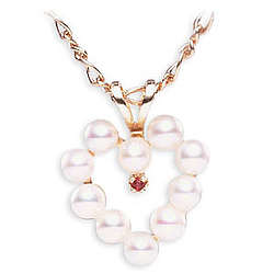 14k Gold Chain, Heart Shape Pearl and Ruby Pendant