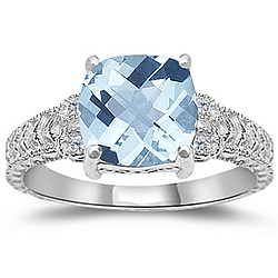 Aquamarine & Diamond Antique Filigree Ring